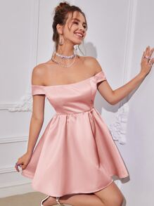 SHEIN Belle Off Shoulder Flared Hem Satin Dress - Pink - View 4