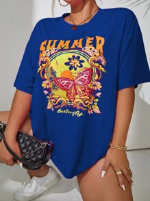 Flirla Plus Butterfly & Letter Graphic Drop Shoulder Tee - Royal Blue - View 1
