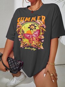 Flirla Plus Butterfly & Letter Graphic Drop Shoulder Tee - Dark Grey - View 1
