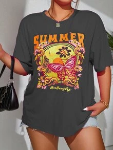 Flirla Plus Butterfly & Letter Graphic Drop Shoulder Tee - Dark Grey - View 4