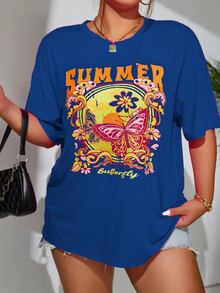 Flirla Plus Butterfly & Letter Graphic Drop Shoulder Tee - Royal Blue - View 4