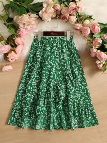 SHEIN Tween Girl Ditsy Floral Print Ruffle Trim Skirt - Green - View 1