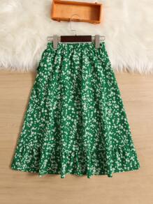SHEIN Tween Girl Ditsy Floral Print Ruffle Trim Skirt - Green - View 2