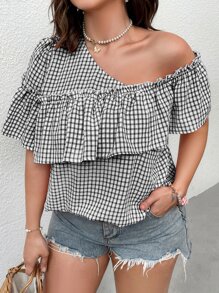 Sunnyshic 大碼雙色格子不對稱領荷葉邊襯衫 - 黑與白 - 查看 1