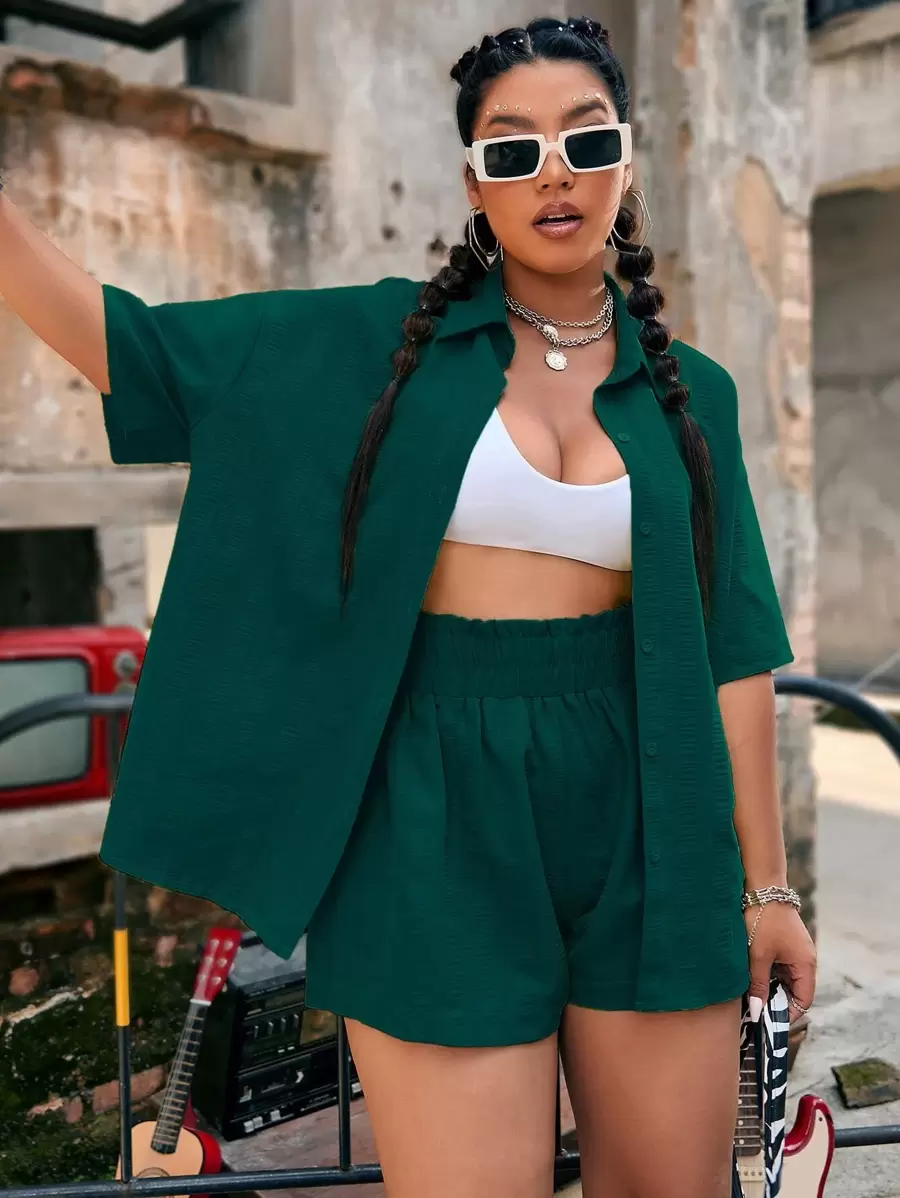 Flirla Plus Textured Drop Shoulder Shirt & Shorts - Dark Green - View 1