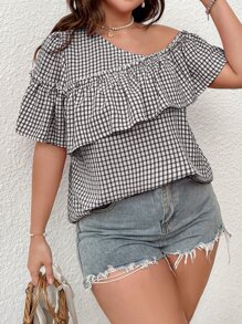 Sunnyshic 大碼雙色格子不對稱領荷葉邊襯衫 - 黑與白 - 查看 6