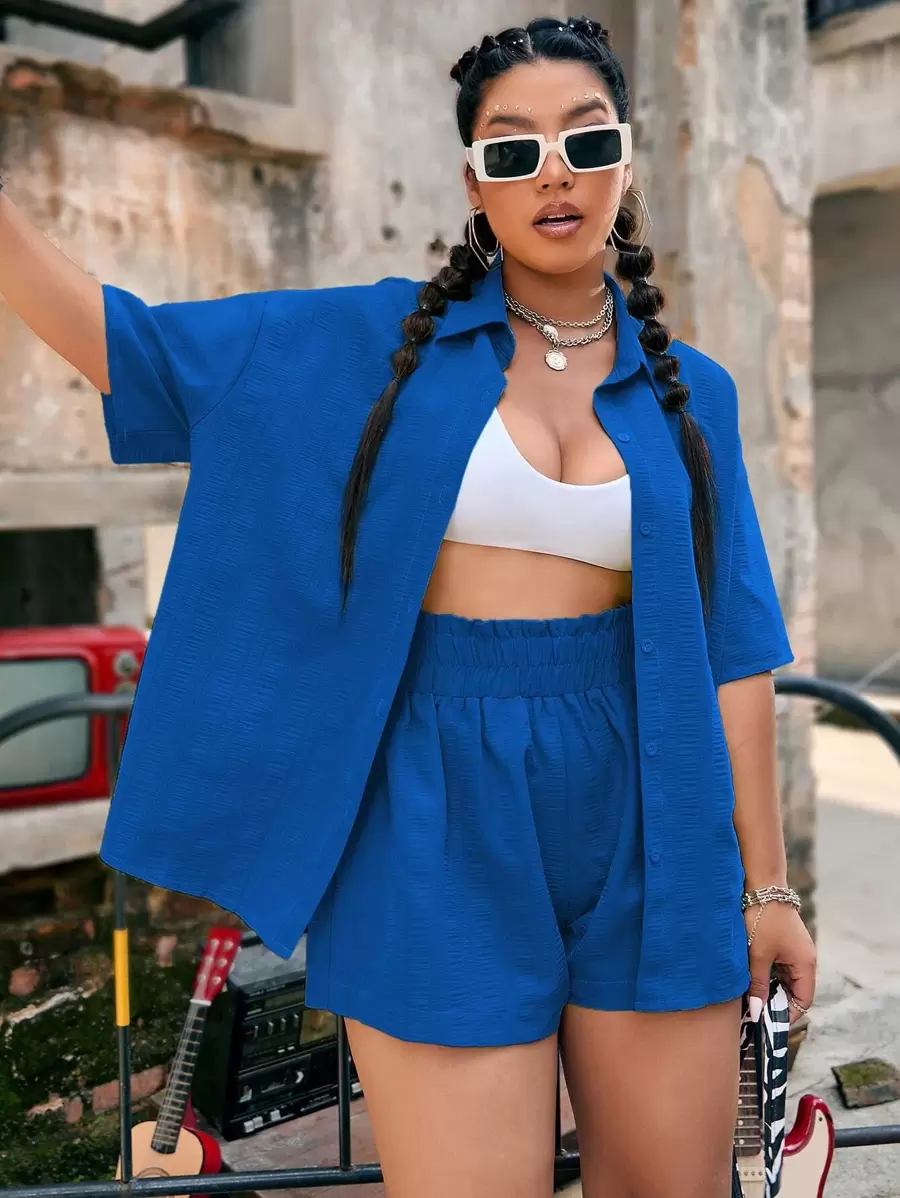 Flirla Plus Textured Drop Shoulder Shirt & Shorts - Royal Blue - View 1