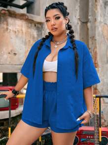 Flirla Plus Textured Drop Shoulder Shirt & Shorts - Royal Blue - View 4