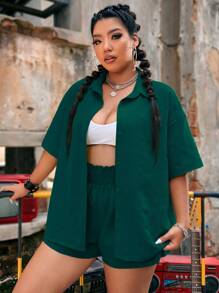 Flirla Plus Textured Drop Shoulder Shirt & Shorts - Dark Green - View 4