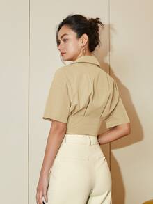 Casual Solid Color Short Sleeve Cropped Shirt Tops, Suitable For Spring Outfits, Business Casual, Vacation Wear For Women - Khaki - View 2