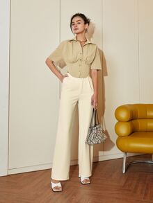 Casual Solid Color Short Sleeve Cropped Shirt Tops, Suitable For Spring Outfits, Business Casual, Vacation Wear For Women - Khaki - View 3