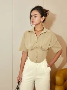 Casual Solid Color Short Sleeve Cropped Shirt Tops, Suitable For Spring Outfits, Business Casual, Vacation Wear For Women - Khaki - View 4