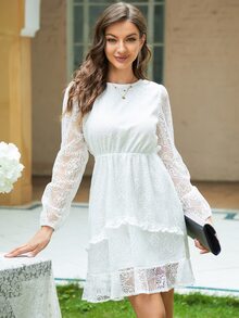 Backless Lantern Sleeve Ruffle Hem Mesh Dress - White - View 1