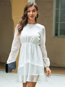 Backless Lantern Sleeve Ruffle Hem Mesh Dress - White - View 3
