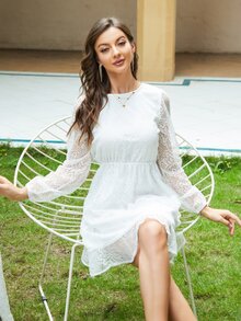 Backless Lantern Sleeve Ruffle Hem Mesh Dress - White - View 6