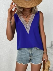 SHEIN LUNE Guipure Lace Panel Blouse - Royal Blue - View 3