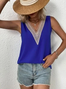 SHEIN LUNE Guipure Lace Panel Blouse - Royal Blue - View 5
