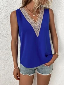 SHEIN LUNE Guipure Lace Panel Blouse - Royal Blue - View 6