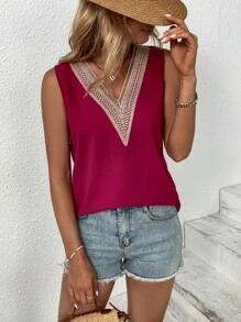 SHEIN LUNE Guipure Lace Panel Blouse - Rose Red - View 3