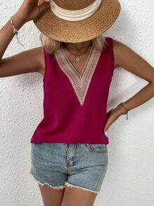SHEIN LUNE Guipure Lace Panel Blouse - Rose Red - View 4