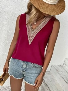 SHEIN LUNE Guipure Lace Panel Blouse - Rose Red - View 5