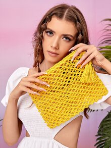 Hollow Out Tassel Decor Straw Bag - Yellow - View 3