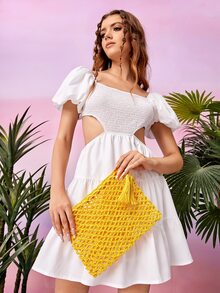 Hollow Out Tassel Decor Straw Bag - Yellow - View 4