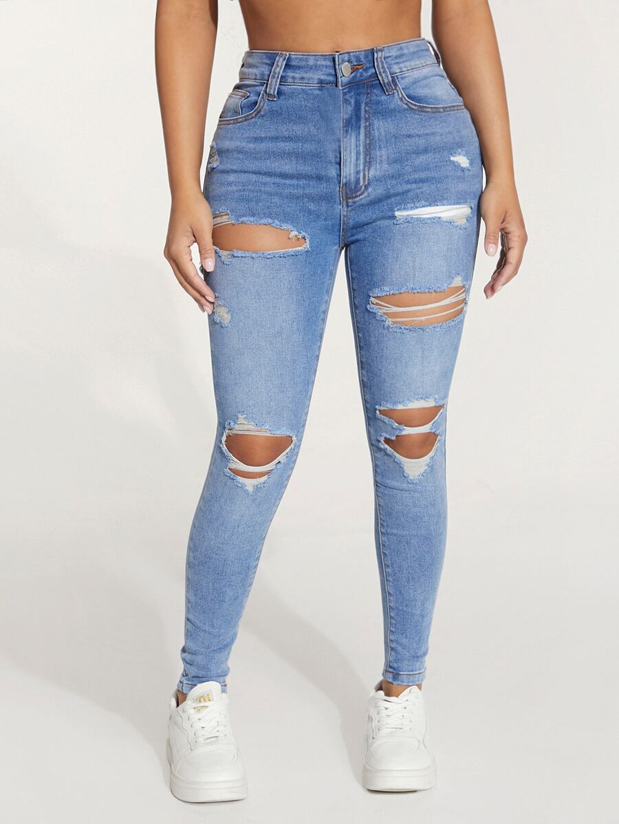 SHEIN PETITE Quần jean nữ Nút Cắt ra Túi Bị tách Dây kéo màu trơn - Rửa nhẹ - Xem 1