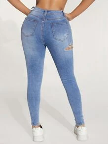 SHEIN PETITE Quần jean nữ Nút Cắt ra Túi Bị tách Dây kéo màu trơn - Rửa nhẹ - Xem 2