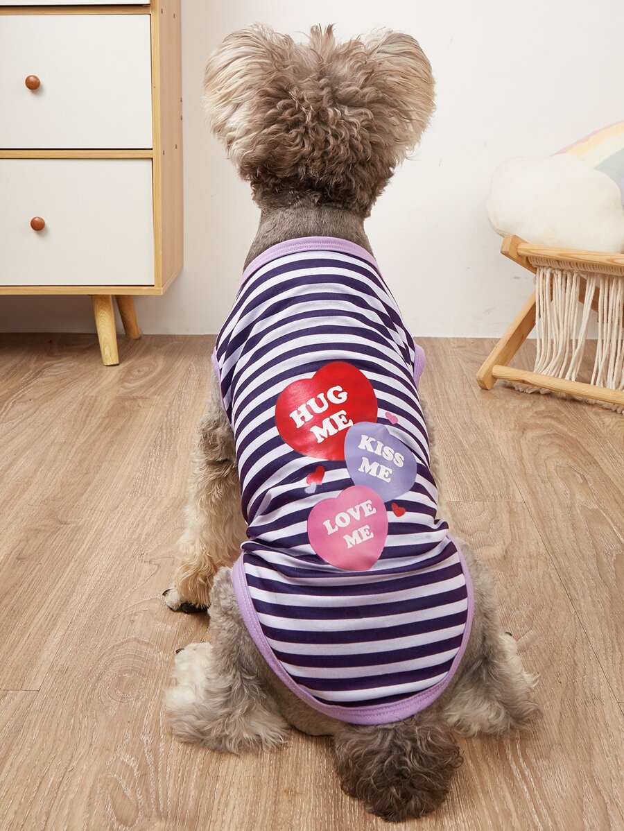 爱心印花狗狗T恤，薄款条纹圆领背心，适合小型和中型犬，例如泰迪熊、贵宾犬等宠物。 - 彩色 - 查看 1