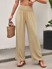 Shirred Wide Leg Trousers - Apricot - View 1