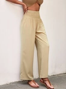 Shirred Wide Leg Trousers - Apricot - View 3