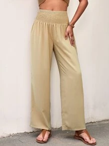 Shirred Wide Leg Trousers - Apricot - View 4