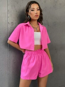 SHEIN LUNE Drop Shoulder Crop Blouse & Paperbag Waist Shorts - Hot Pink - View 5