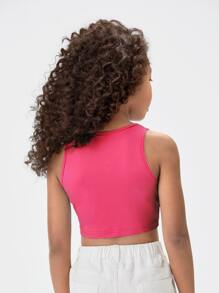 SHEIN Blusa corta sin mangas de cuello redondo de unicolor elegante para niñas preadolescentes - Rosa Fucsia - Ver 2