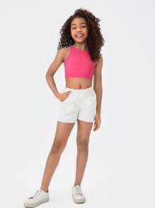 SHEIN Blusa corta sin mangas de cuello redondo de unicolor elegante para niñas preadolescentes - Rosa Fucsia - Ver 3