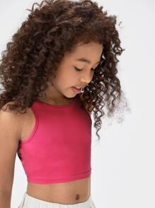 SHEIN Blusa corta sin mangas de cuello redondo de unicolor elegante para niñas preadolescentes - Rosa Fucsia - Ver 4