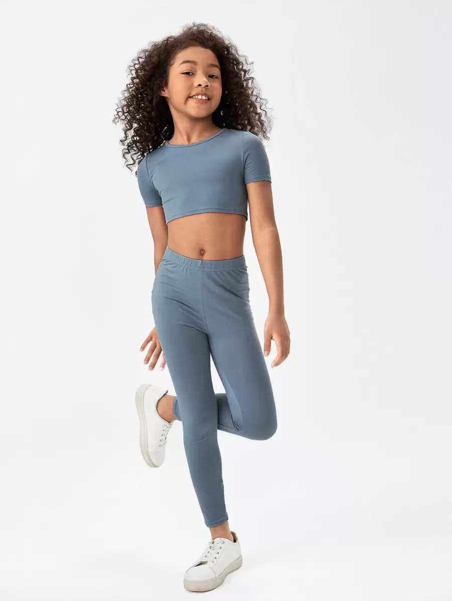 SHEIN Girls Solid Crop Top & Leggings - Dusty Blue - View 1