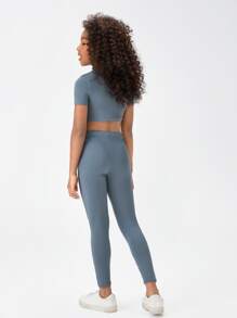 SHEIN Girls Solid Crop Top & Leggings - Dusty Blue - View 2