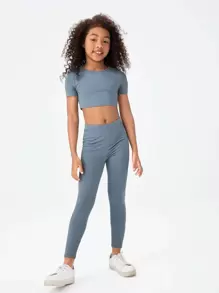 SHEIN Girls Solid Crop Top & Leggings - Dusty Blue - View 5
