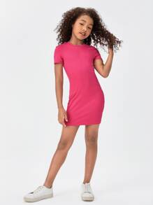 SHEIN Girls Solid Fitted Dress - Pink - View 3