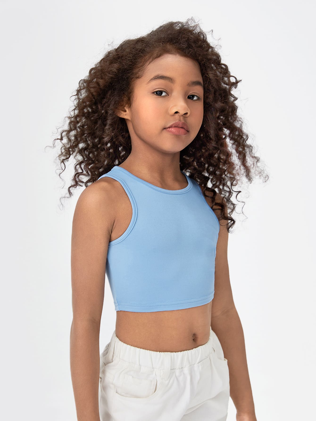 SHEIN Tween Girl Elegant Solid Color Sleeveless Round Neck Crop Tank Top - Baby Blue - View 1