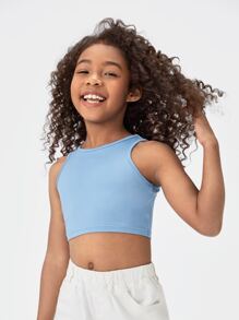 SHEIN Tween Girl Elegant Solid Color Sleeveless Round Neck Crop Tank Top - Baby Blue - View 5