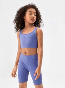 SHEIN Girls Solid Tank Top & Cycling Shorts Set - Blue - View 1