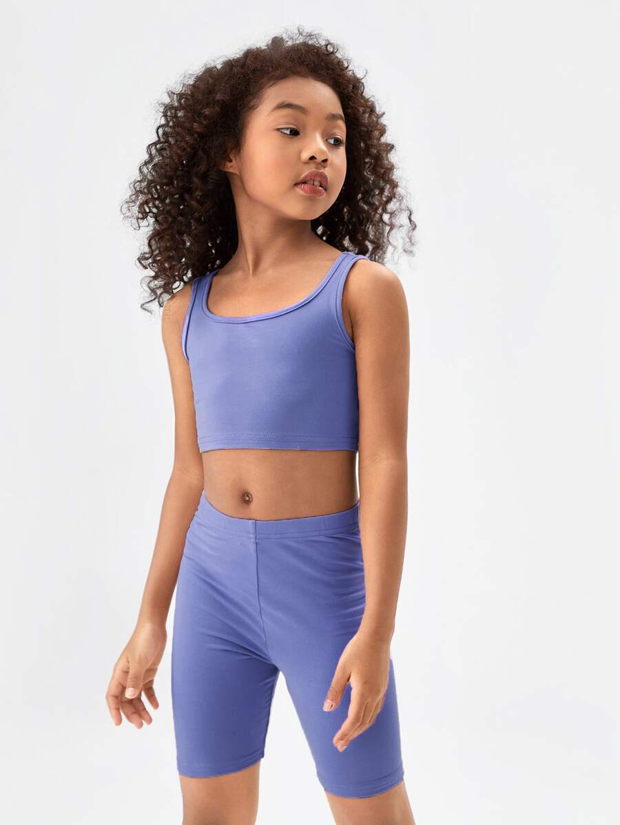 SHEIN Girls Solid Tank Top & Cycling Shorts Set - Blue - View 1