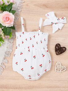 SHEIN Vintaside Kids Baby Girl Cherry Print Shirred Frill Trim Cami Bodysuit - White - View 6
