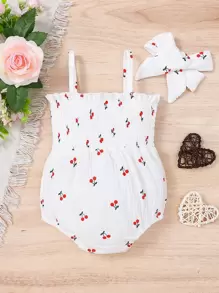 SHEIN Vintaside Kids Baby Girl Cherry Print Shirred Frill Trim Cami Bodysuit - White - View 2