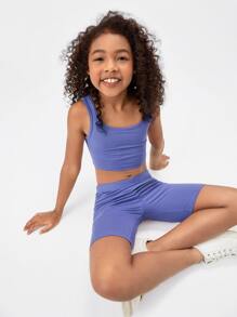 SHEIN Girls Solid Tank Top & Cycling Shorts Set - Blue - View 3