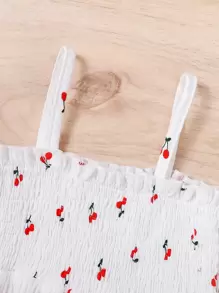 SHEIN Vintaside Kids Baby Girl Cherry Print Shirred Frill Trim Cami Bodysuit - White - View 3