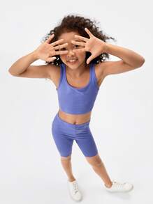 SHEIN Girls Solid Tank Top & Cycling Shorts Set - Blue - View 4